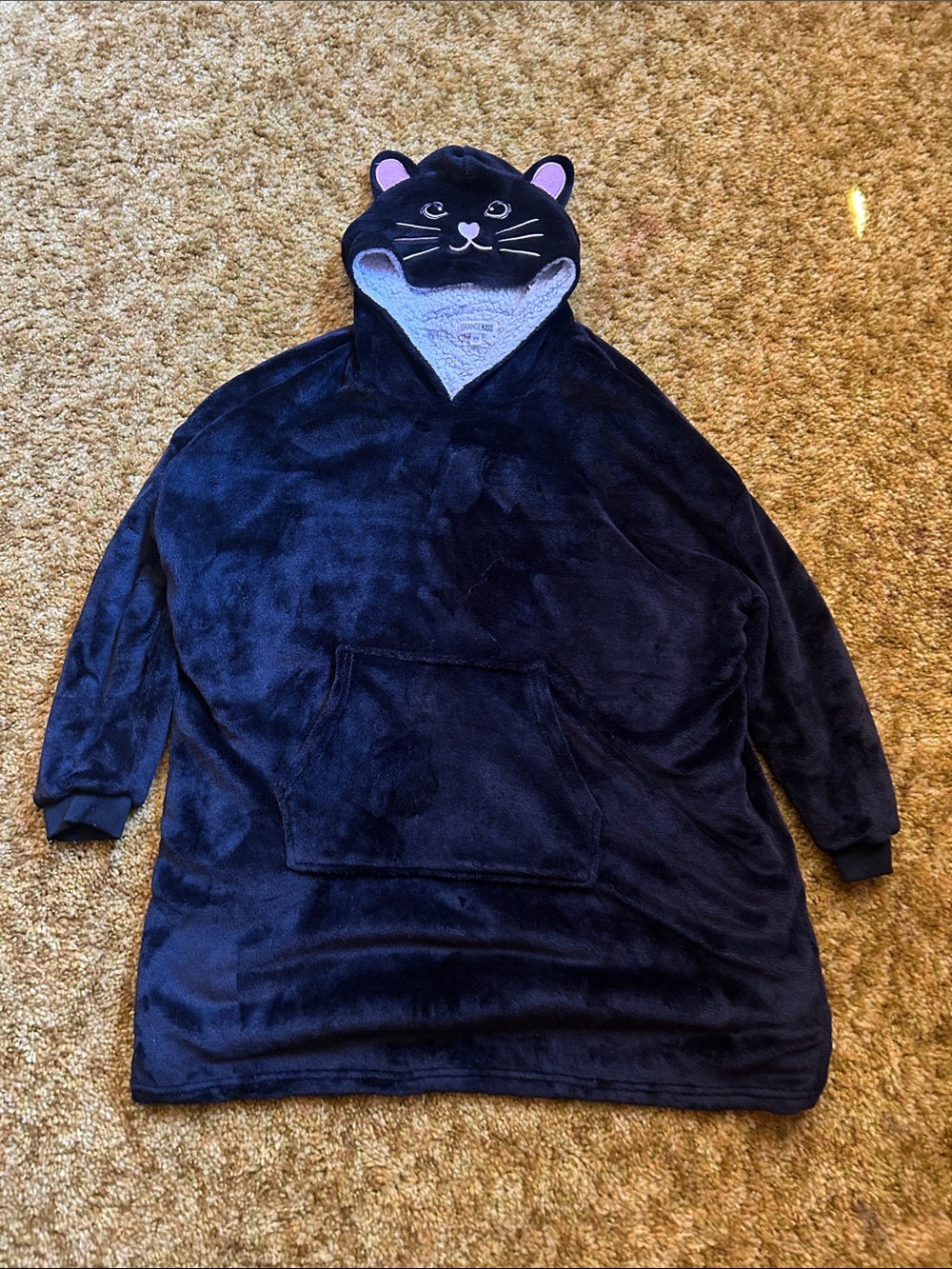 Plush Black Hooded Cat Pullover Coat